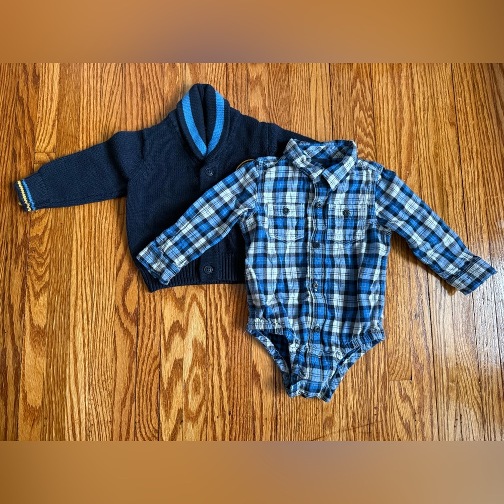 Gap- Navy Blue Scope Neck Nautical Sweater and Blue Plaid Flannel Onesie 18-24 M